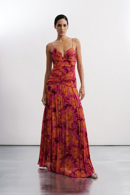 Vestido longo festa hibisco vinho urucum