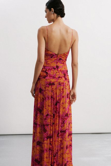 Vestido longo festa hibisco vinho urucum