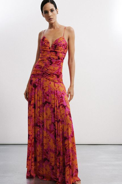 Vestido longo festa hibisco vinho urucum