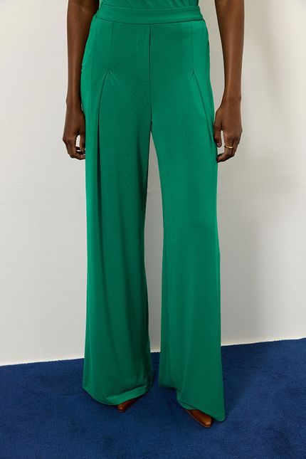 Calça pantalona prega jersey verde jazz