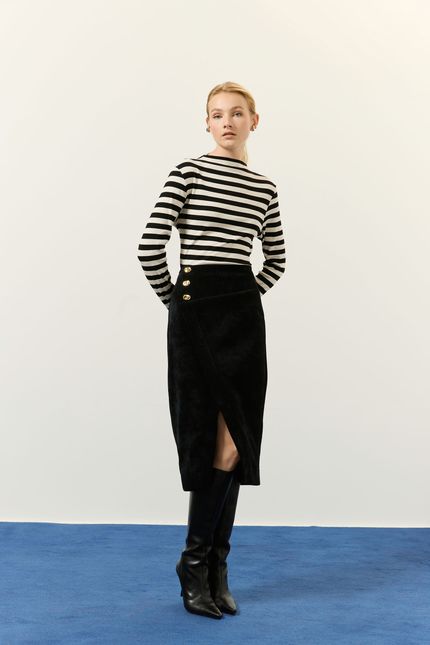 Blusa ml gola listra linen canelado bege natural com preto