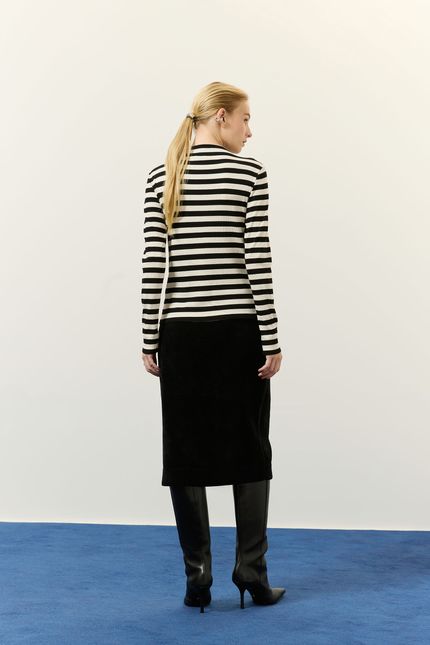 Blusa ml gola listra linen canelado bege natural com preto