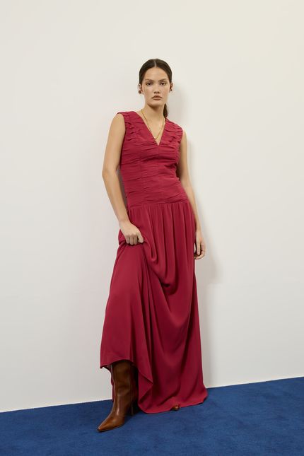 Vestido festa longo franzido rosa bolero