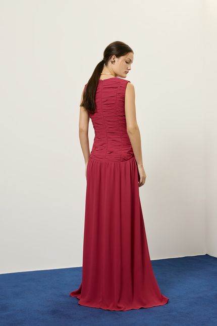 Vestido festa longo franzido rosa bolero