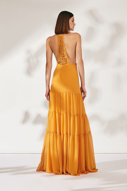 Vestido festa macramê laranja mango