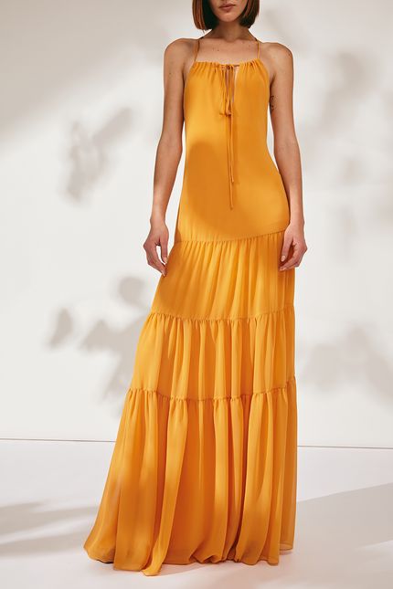 Vestido festa macramê laranja mango