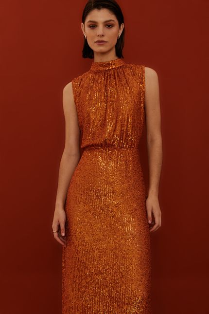 Vestido festa amarraçao paetê laranja terracota