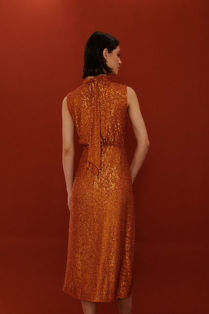Vestido festa amarraçao paetê laranja terracota