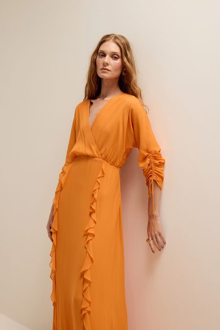 Vestido festa jabot manga detalhe laranja sunset