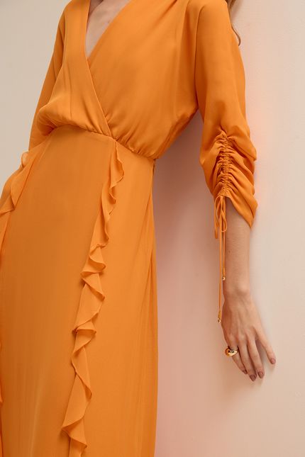 Vestido festa jabot manga detalhe laranja sunset