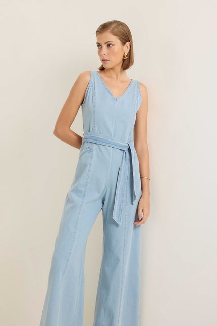 Macacão jeans faixa jeans