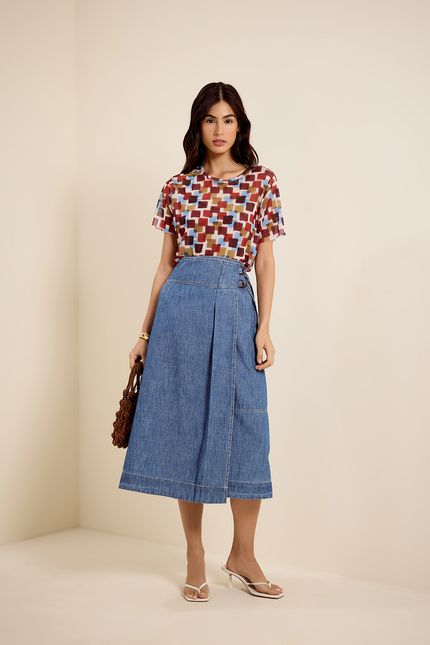 Blusa tule tshirt quadros marrom urucum