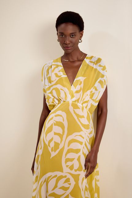 Vestido ggt decote transpasse maranta amarelo banana