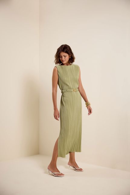 Vestido regata plissada verde seiva