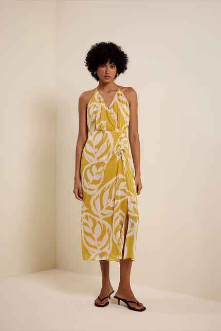 Vestido ggt alça transpassada maranta amarelo banana