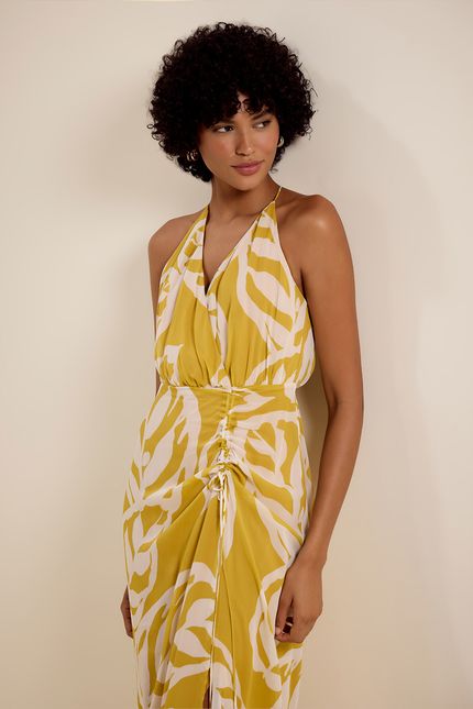 Vestido ggt alça transpassada maranta amarelo banana