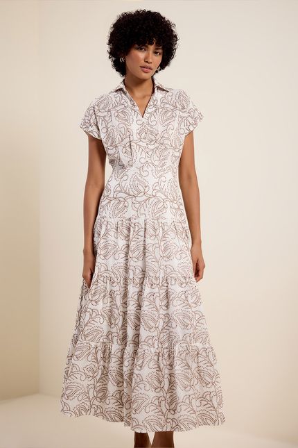 Vestido midi bordado flor terra off white com marrom terra