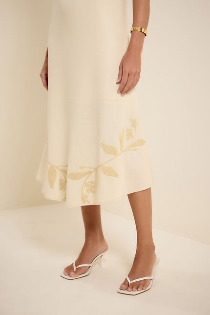 Vestido linho midi bordado bege concha