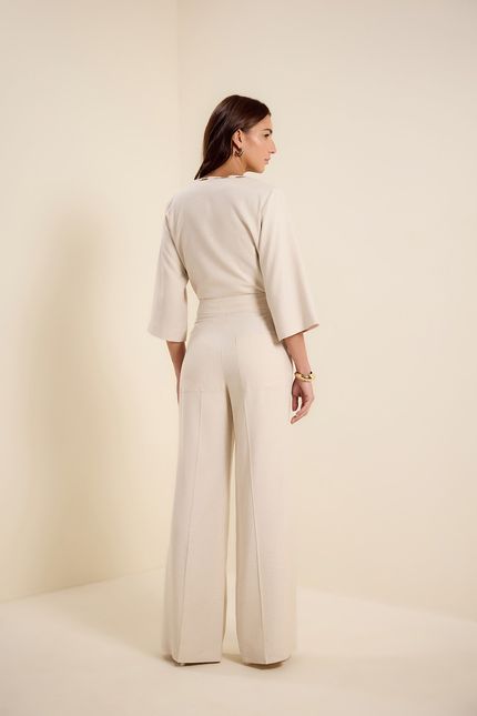 Calça pantalona det metal bege concha