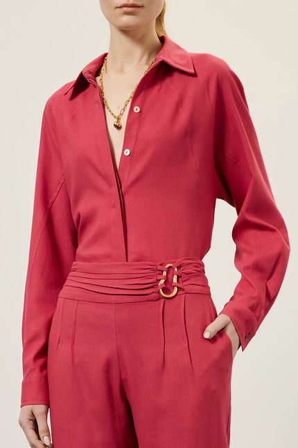 Camisa linho recortes botão rosa bolero