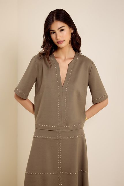 Blusa decote v termo verde eucalipto