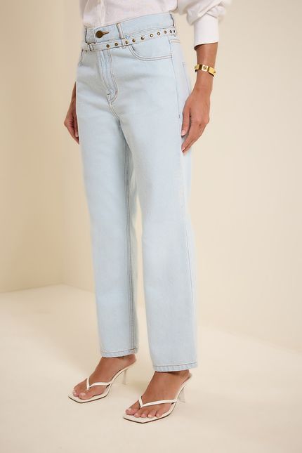 Calça jeans cinto rebite jeans