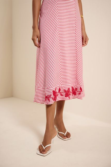 Vestido listra barra bordada vermelho bromelia com off white