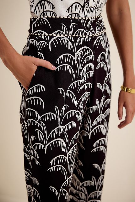 Calça reta palmeira flora palmeira flora preto com off white