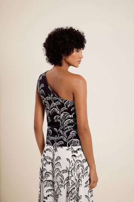 Blusa ombro pregas palmeira flora palmeira flora preto com off white