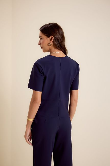 Blusa decote v block azul noite