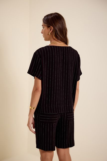 Blusa listra det decote preto com off white