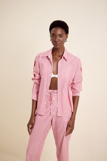 Camisa listra mg bordada vermelho bromelia com off white