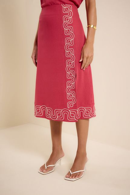 Saia linho fenda bordado rosa gerbera