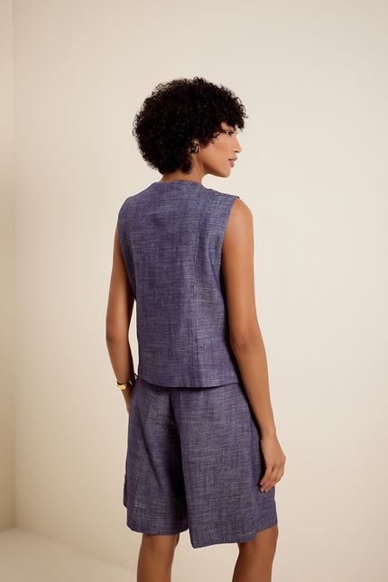 Colete linho índigo pregas  azul indigo