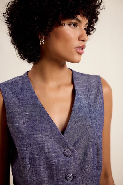 Colete linho índigo pregas  azul indigo