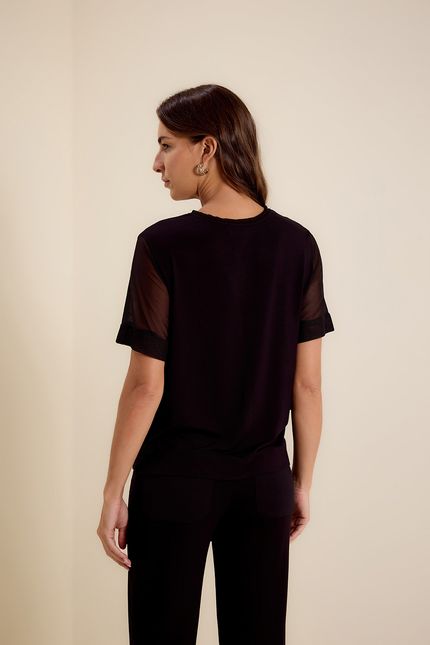 Blusa tule manga decote v preto