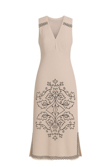 Vestido linho bordado maria bonita bege opera