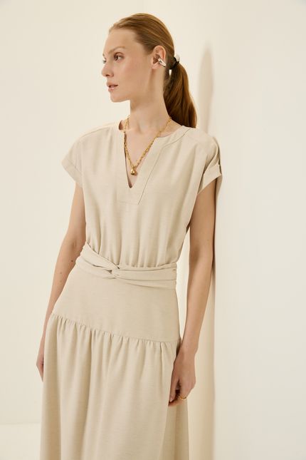 Vestido midi faixa nó bege natural