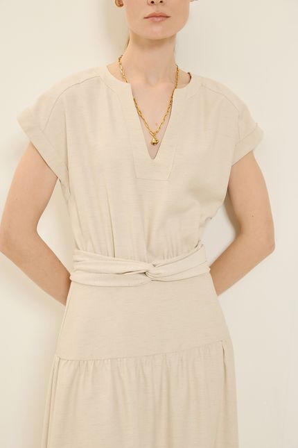 Vestido midi faixa nó bege natural