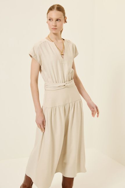 Vestido midi faixa nó bege natural