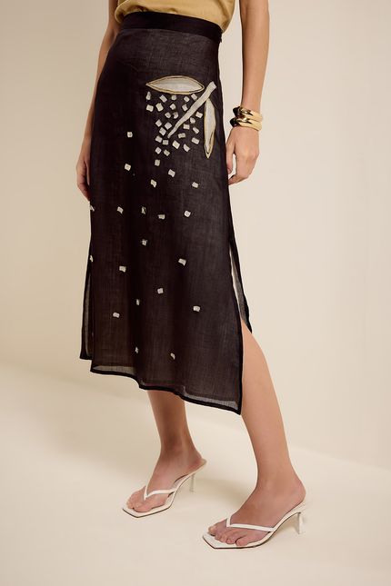 Saia festa folhas preto