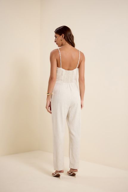 Macacão listra alça torcida off white com preto