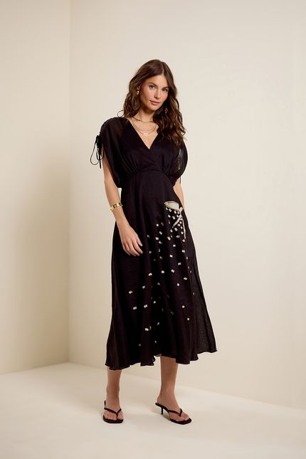 Vestido festa midi folhas preto