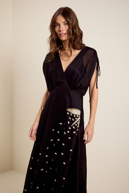 Vestido festa midi folhas preto