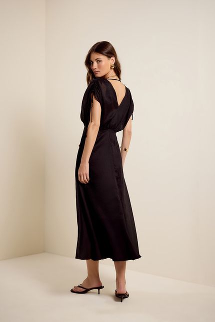 Vestido festa midi folhas preto