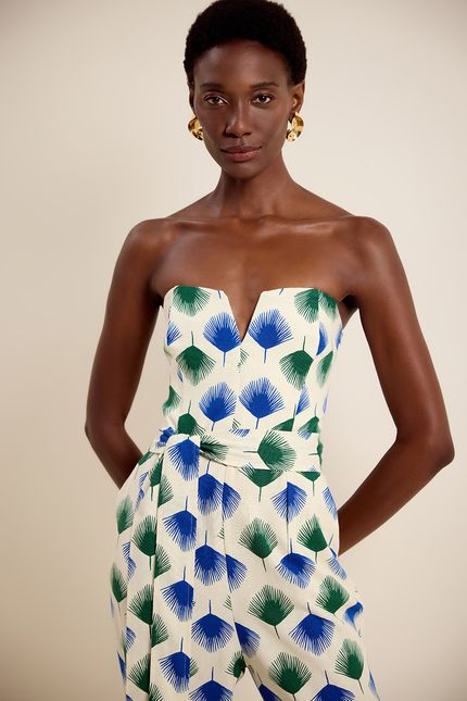 Macacão sem alça palmeira leque palmeira leque azul azulejo