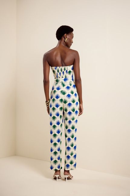 Macacão sem alça palmeira leque palmeira leque azul azulejo