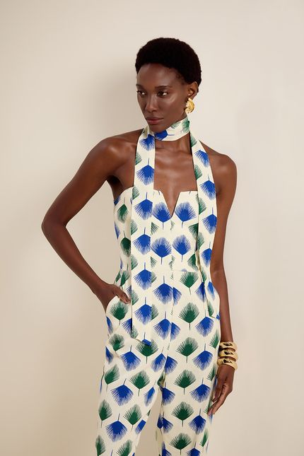 Macacão sem alça palmeira leque palmeira leque azul azulejo