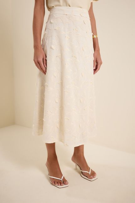 Saia midi floral bordado off white