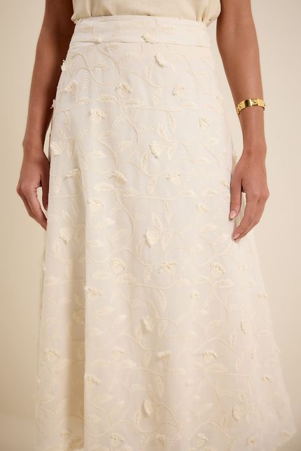 Saia midi floral bordado off white